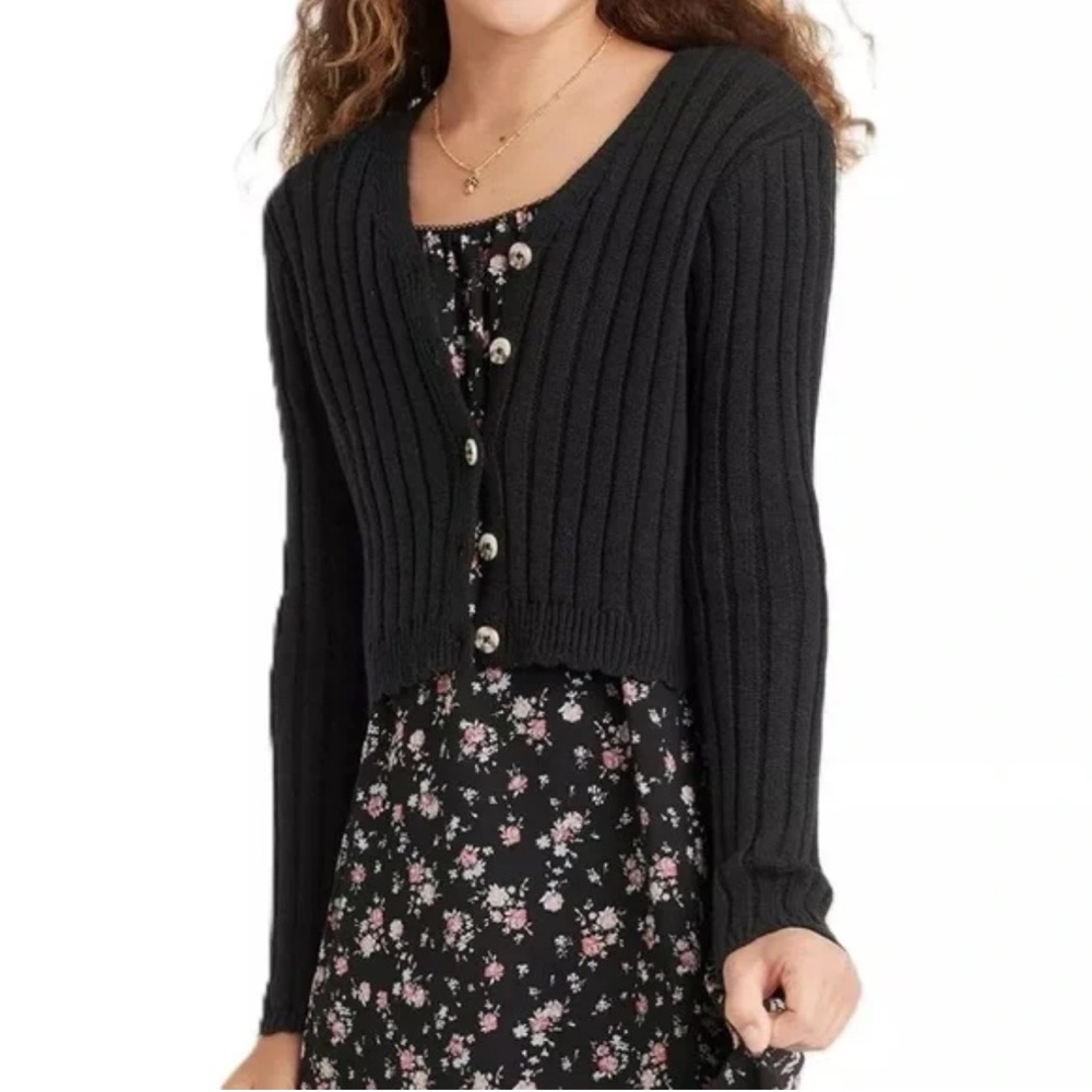 Art Class Black Ribbed Button-Up Top